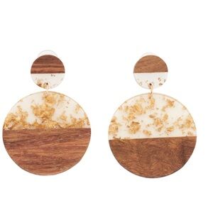 NWT-Round Gold and Brown Wood/Resin Statement Earrings